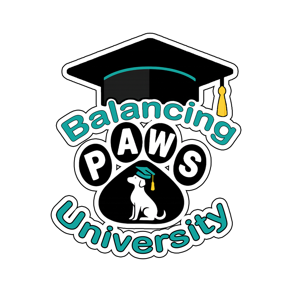Logo of Balancing Paw University featuring a graduation cap, a dog wearing a graduation cap and tassel, and text reading 'Balancing Paw University' in teal and white on a black background.