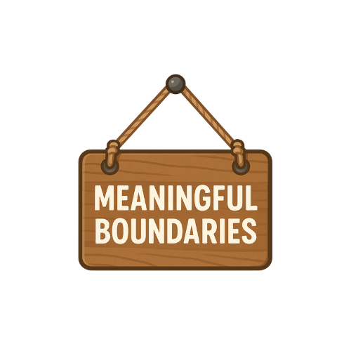 A wooden sign hanging from a string reads 'Meaningful Boundaries'.