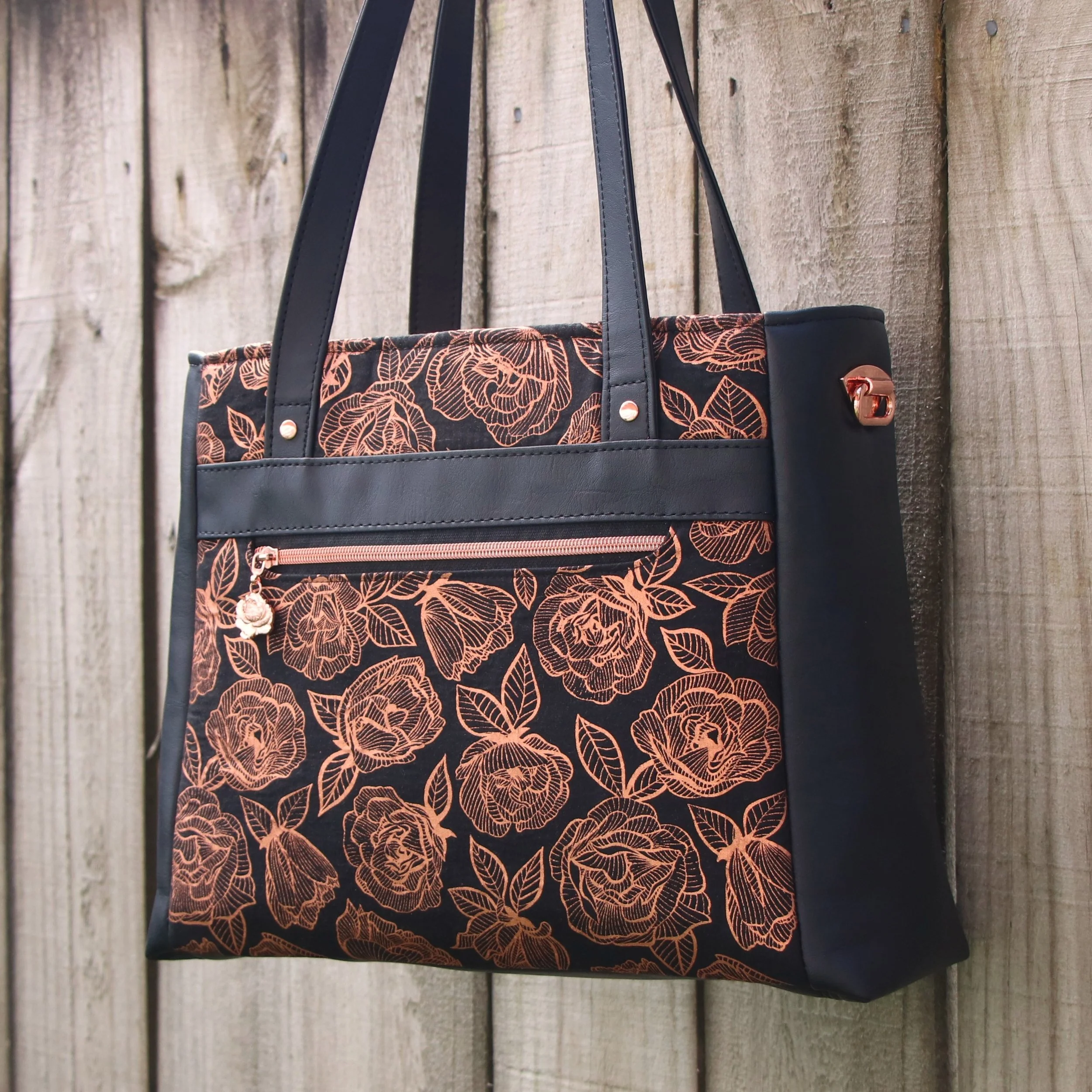 Mirabel Tote Bag in black vinyl and Ruby Star Society floral print