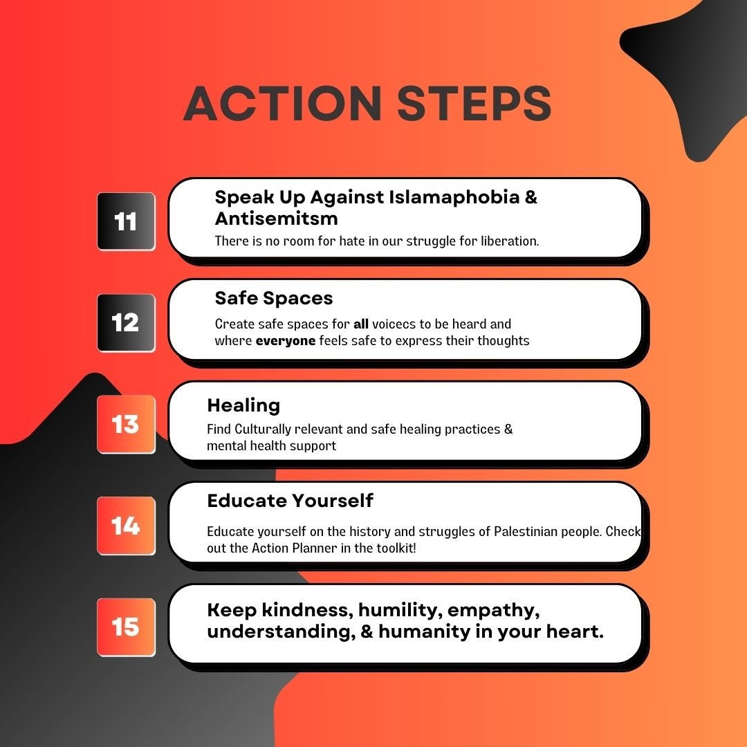    Action Steps 11 speak up against Islamophobia &amp; Antisemitism 12 safe spaces 13 healing 14 educate yourself 15 keep kindness, humility, empathy, understanding &amp; humanity in your heart   