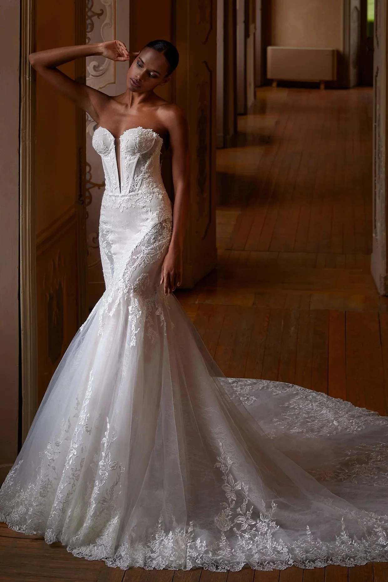 Ines Di Santo Onyx Sexy Lace wedding dress with dramatic train Tampa Wedding Dress Shop Isabel O'Neil
