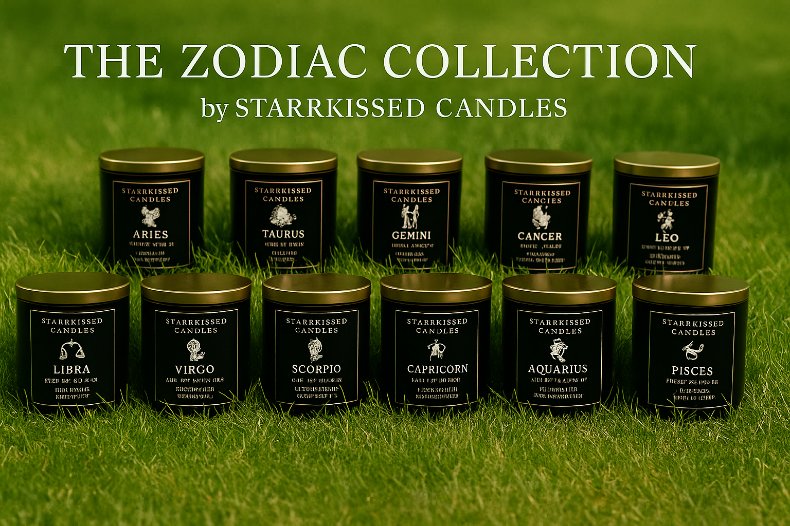 A collection of candles themed after the zodiac signs, displayed against a green grassy background.