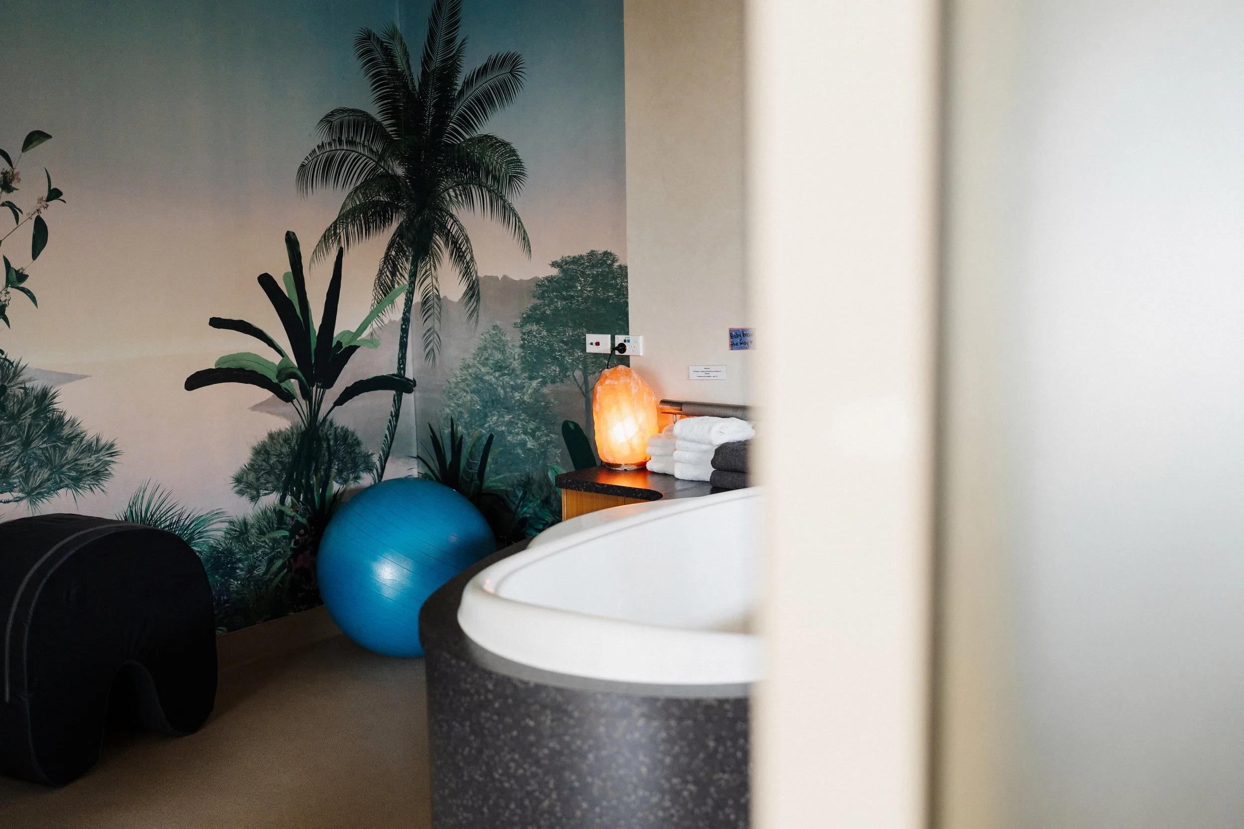 Spa or wellness room with a large wall mural of palm trees and jungle scenery, a salt lamp on a counter with folded towels, a blue exercise ball, and a black cylindrical object.