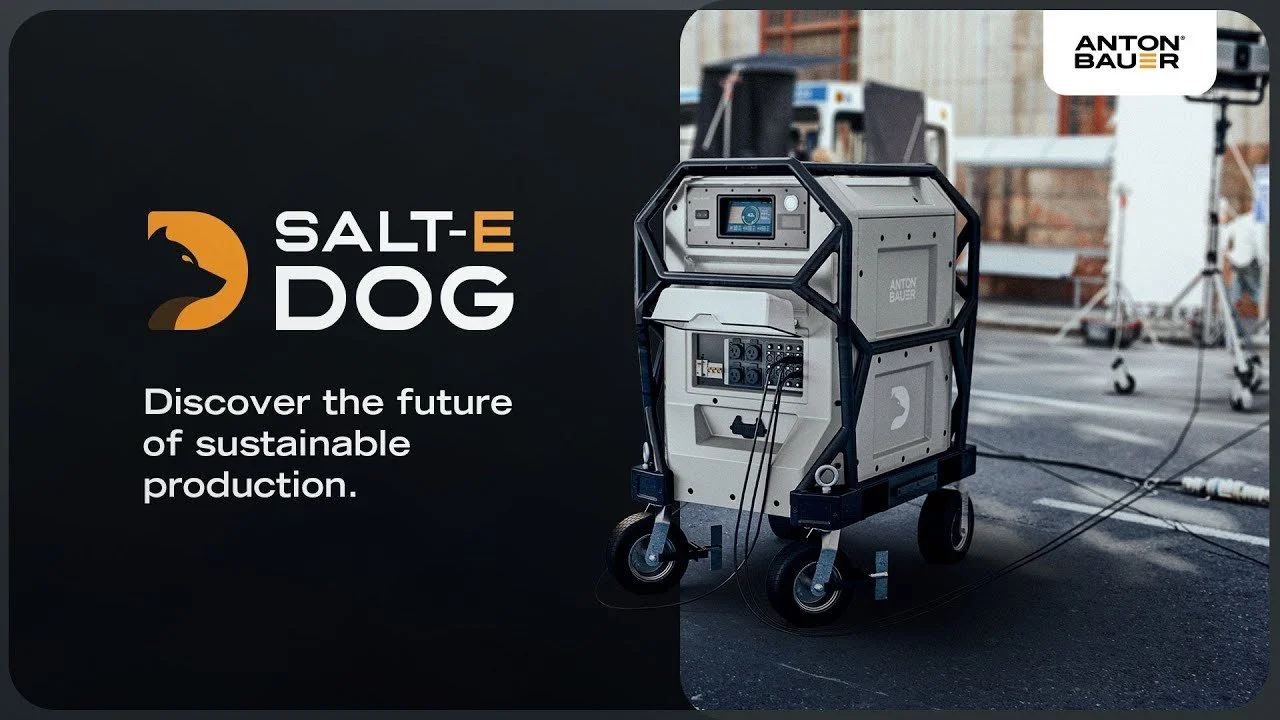A robot on wheels in an industrial setting with equipment in the background. The left side features a logo with a stylized dog head and the text "Salt-E Dog" along with the slogan "Discover the future of sustainable production." The right side shows the robot, branded Anton Bauer.