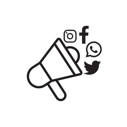 Icon of a megaphone with social media logos, including Instagram, Facebook, WhatsApp, and Twitter.