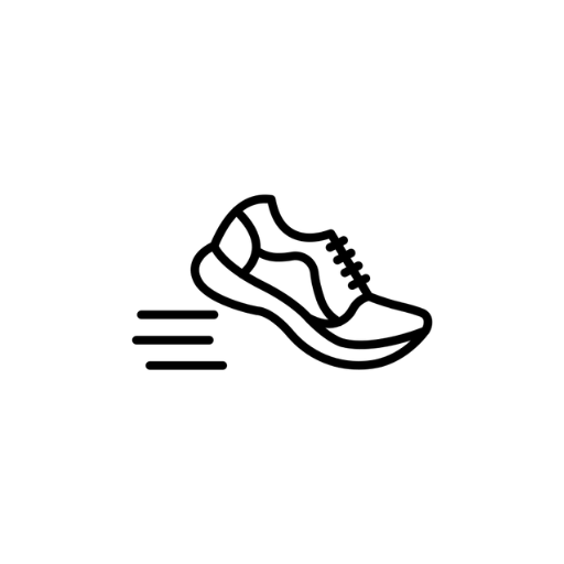 Simple black and white icon of a running athletic shoe with motion lines.