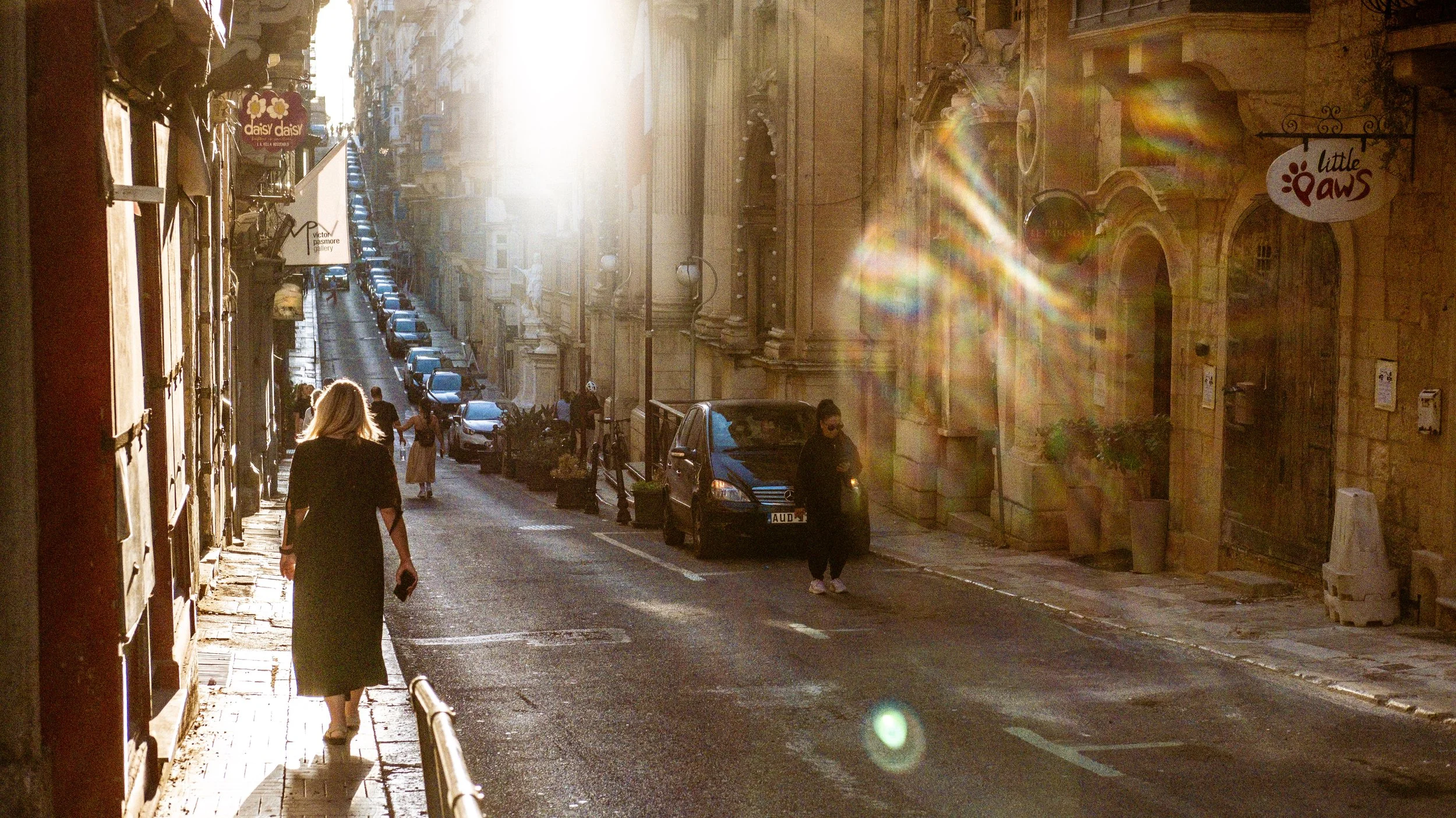 Street scene with people walking in the late afternoon sunlight, parked cars along the street, historic buildings, and signs for local businesses, including 'little paws' and 'daisy daisy'.