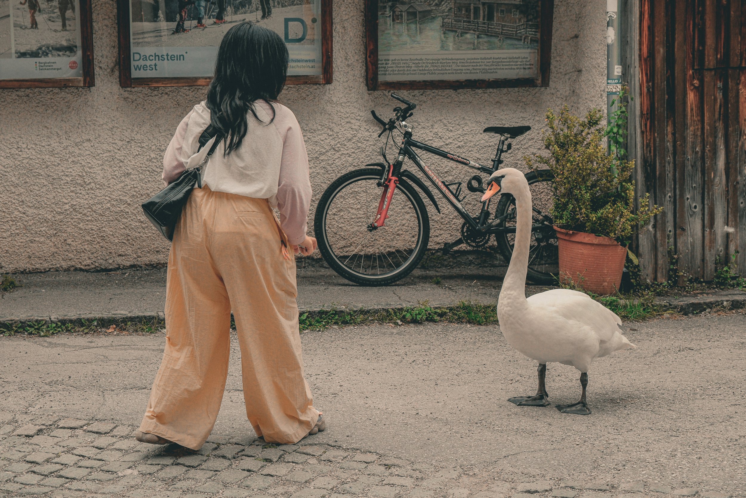 A woman with long dark hair wearing beige wide-leg pants and a light jacket stands facing a swan in an outdoor area with posters on the wall behind her. A bicycle is parked nearby and there is a potted plant with greenery next to the swan.