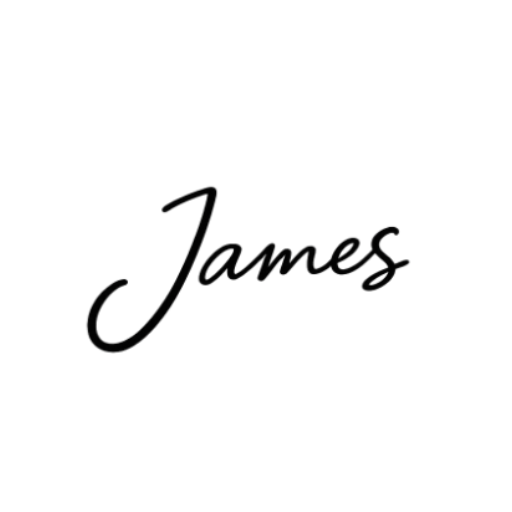 The word 'James' written in black cursive font on a white background.