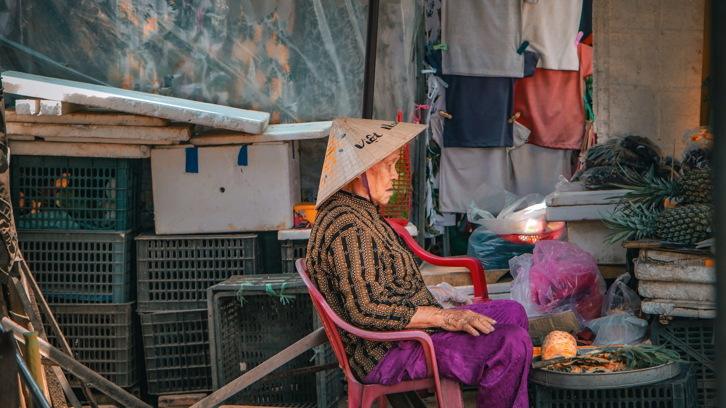 An elderly woman wearing a traditional wide-brimmed straw hat sitting on a pink plastic chair at an outdoor market. She is dressed in a patterned blouse and purple pants, surrounded by various fruits and vegetables, including pineapples, and items ar
