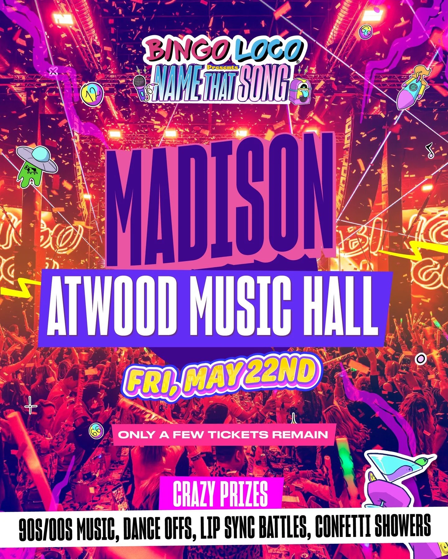 If you missed our last round of Bingo Loco, here's your chance to get in on the fun! 

✨ Bingo Loco presents Name That Song is coming back to Atwood Music Hall for TWO dates: Friday, May 22 and Saturday, May 23.

We've flipped the traditional game of