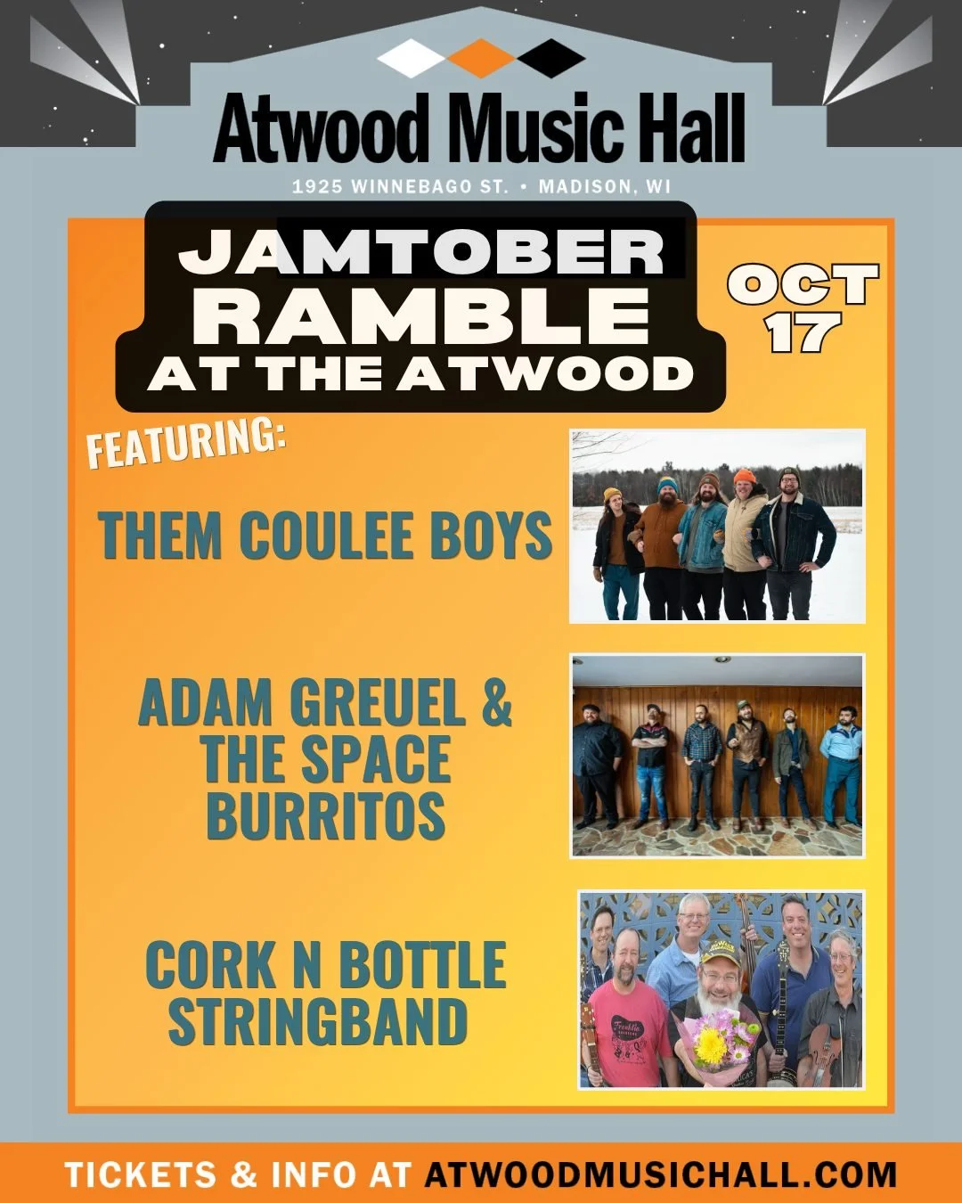 JUST ANNOUNCED:
🪕 Jamtober Ramble at the Atwood featuring:
⭐️ Them Coulee Boys
⭐️ Adam Greuel &amp; the Space Burritos
⭐️ Cork n Bottle Stringband 

📆 October 17
📍 Atwood Music Hall

🎟️ Tickets go on sale FRIDAY!