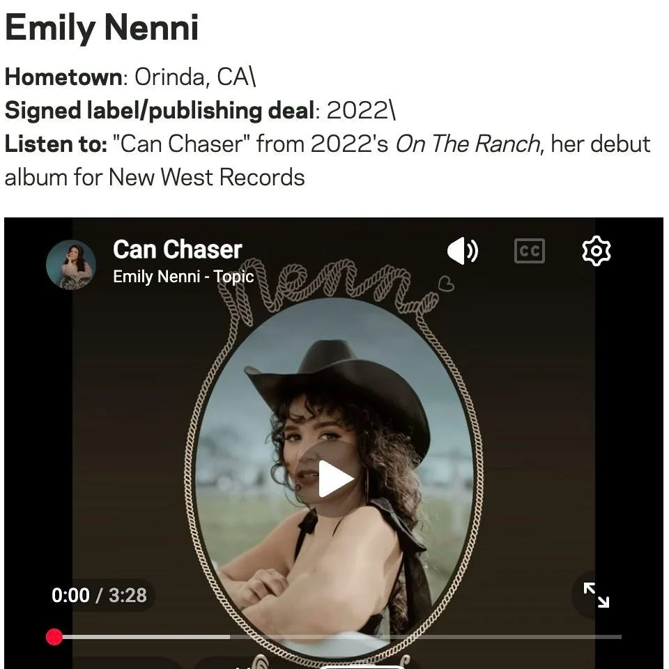 Emily Nenni is 1 of 8 Artists Bringing Traditional Country Music Back according to Grammy.com!

"Raised on her parents' Patsy Cline and Hank Williams cassettes, it's no surprise that Emily Nenni turned into a honky tonk queen."

Come see he