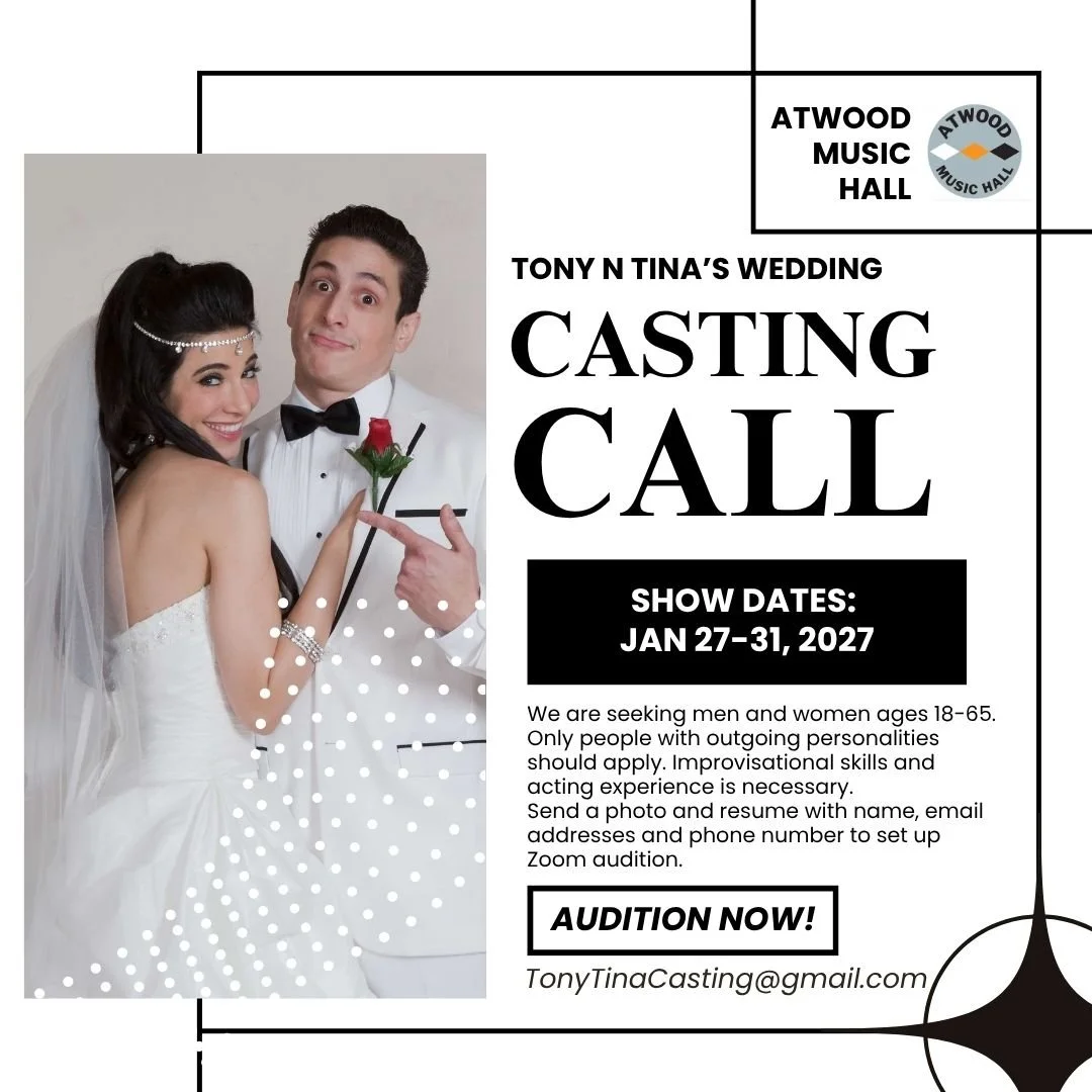 🎭 Casting call for Tony N Tina's Wedding!

Tony n&rsquo; Tina&rsquo;s wedding is an interactive Off-Broadway show that satirizes an Italian-American Wedding. Show dates: Jan 27-31, 2027.

We are seeking men and women ages 18-65. Only people with out