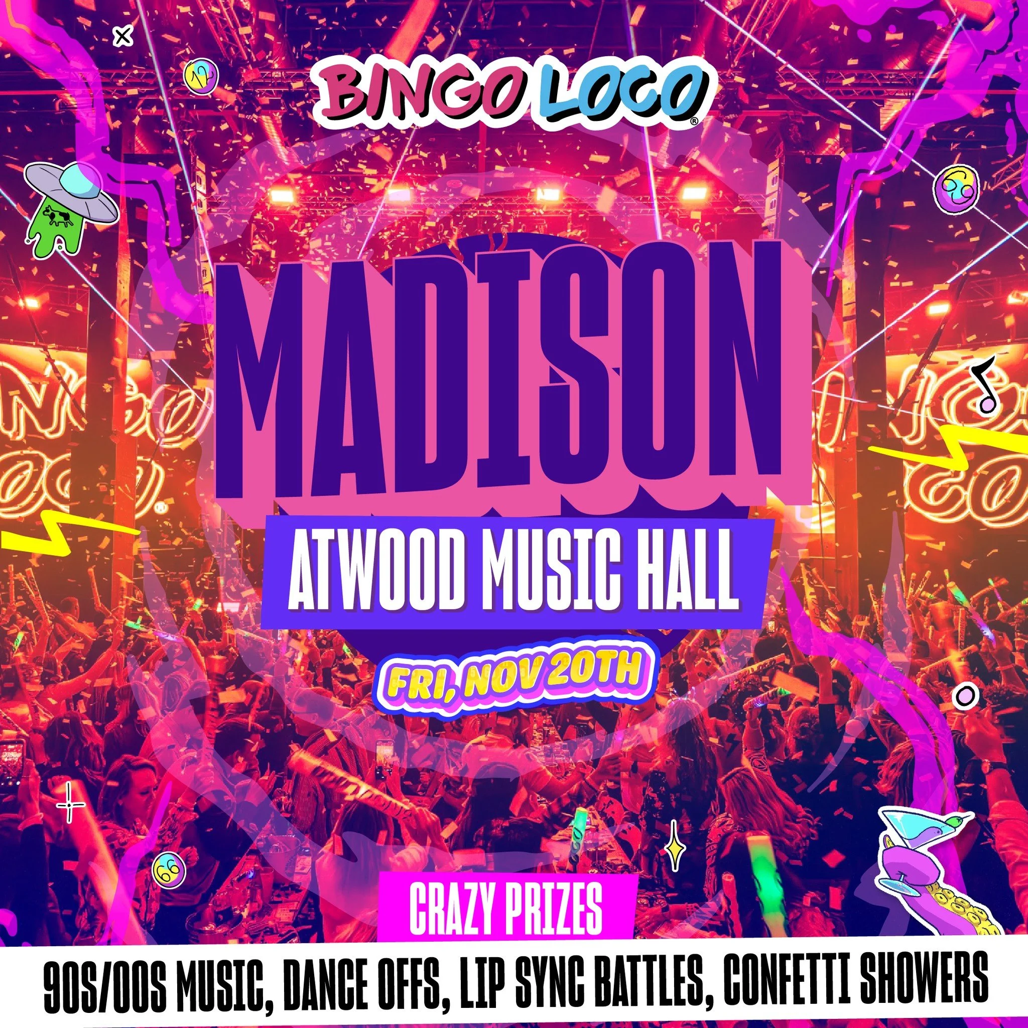 Bingo Loco presents Name that song &ndash; The Wildest Bingo Loco Party in Madison !

Bingo Loco has taken the world by storm with sold-out bingo loco shows in 200 locations around the globe including Dublin, Edinburgh, London, Toronto, Sydney, Dubai