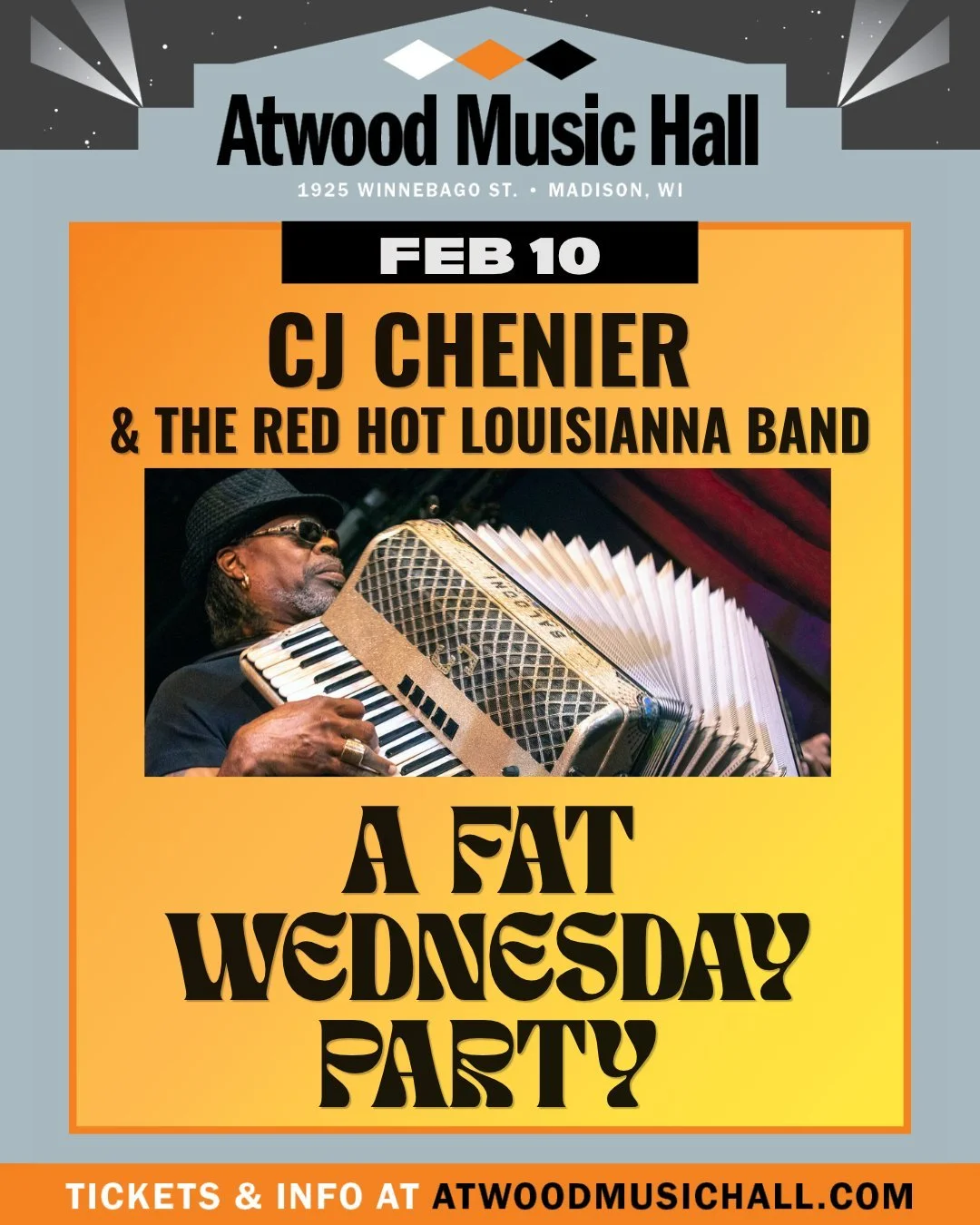 NOW ON SALE:
🪗 CJ Chernier &amp; The Red Hot Louisianna Band: A Fat Wednesday Party!
📆 February 10

Get your tickets at the website.