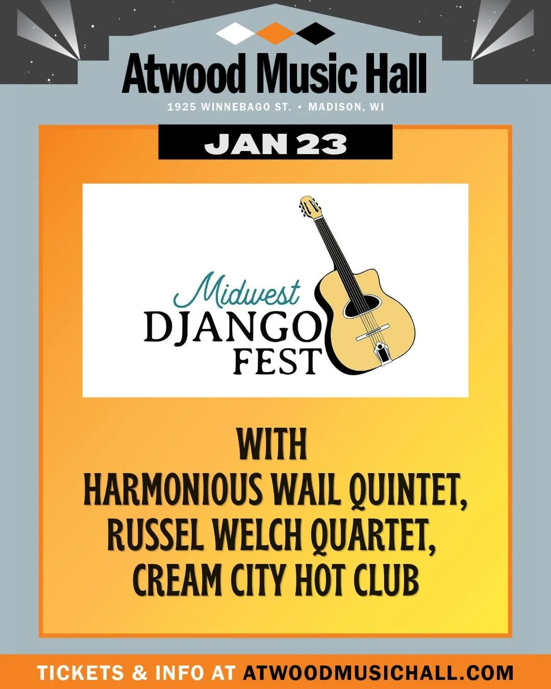 NOW ON SALE:
🎸 Midwest Django Fest
📆 January 23

Twice a year, we bring together world-class musicians from across the US and the globe.  Intoxicating, unforgettable, and life-changing swinging rhythms, soaring solos, and joyful connection. Whether