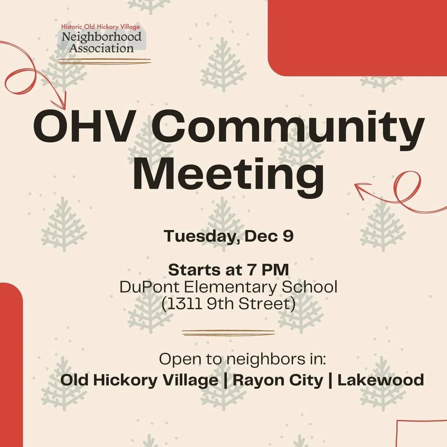 Final Community Meeting for 2025! 🎉

Join us for an exciting evening on Dec. 9 at DuPont Elementary as we: Hear from Metro Nashville Parks about our BRAND NEW community center, brainstorm  ideas for 2026 events and learn about board leadership trans