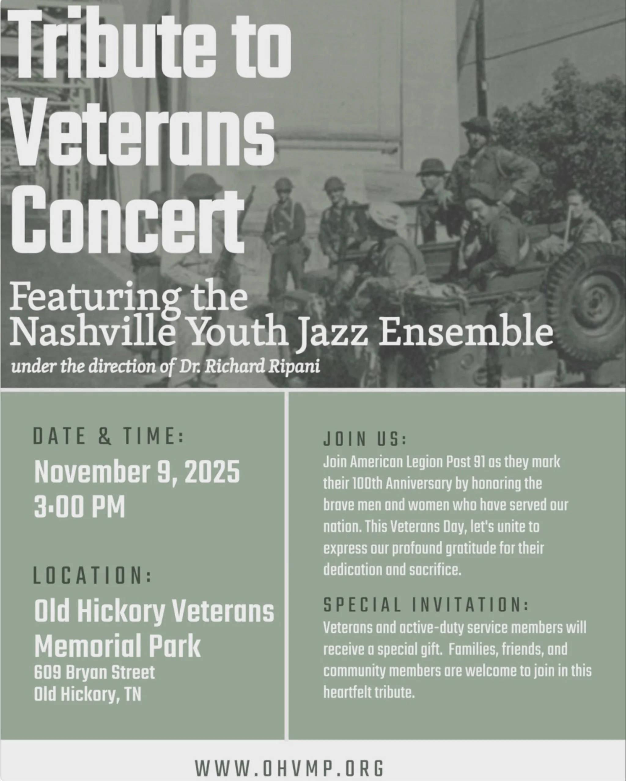 This Sunday at 3 PM, weather permitting. Honor our Veterans at the gazebo (609 Bryan Street) with a performance by the Nashville Youth Jazz Ensemble. Organized by @oldhickoryhistory and American Legion Post 91.