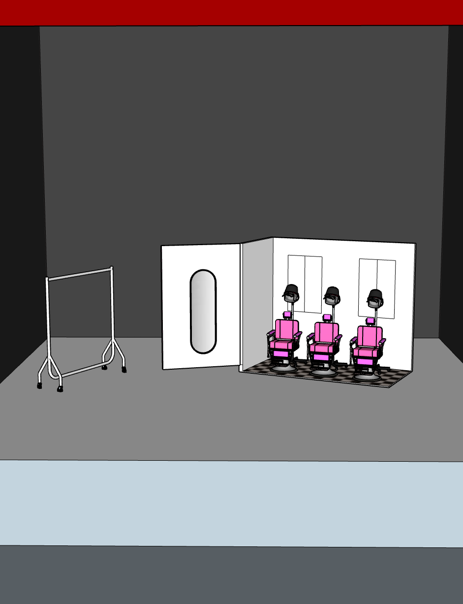 A salon hair drying station with three pink salon chairs, each with a hairdryer attached, and a clothing rack on the left side against a dark gray wall.