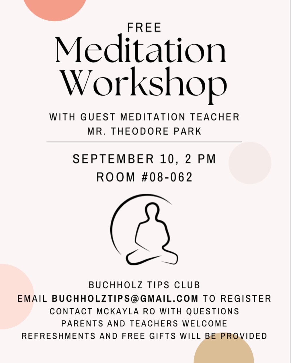 today starts the 10 day countdown!

want to find PEACE + COMMUNITY? 
BEING is proud to invite you to join the Buchholz Tips Club&rsquo;s free meditation workshop on Saturday, Sept. 10th at 2pm. Make sure to email buchholztips@gmail.com to register!


