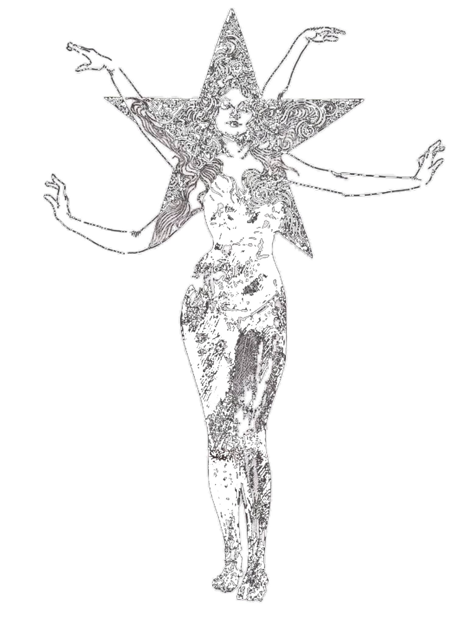 An artistic illustration of a woman’s full body with a star-shaped head, intricate swirling patterns, and arms extended outward, set against a black background.