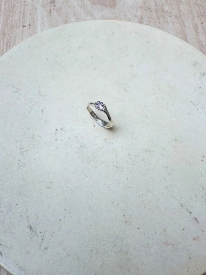 Wabi-sabi amethyst ring with a 5mm natural light purple stone, handcrafted in recycled silver or 14ct and 18ct gold.