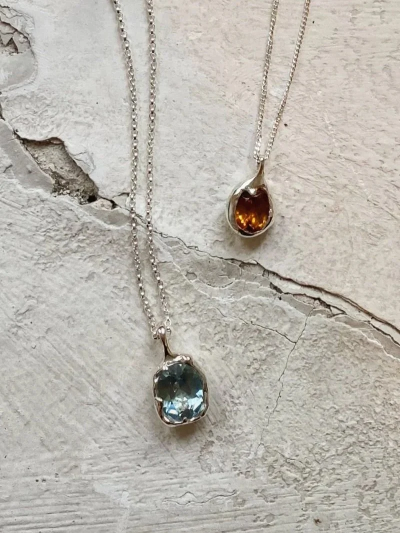 Two necklaces with gemstones, handmade from recycled silver.