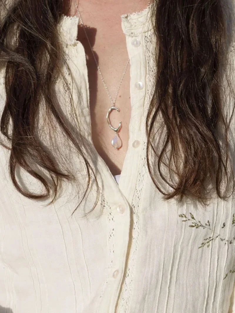 Handmade silver pearl necklace with organically formed recycled sterling silver and freshwater cultured keshi pearl, modern organic statement jewellery