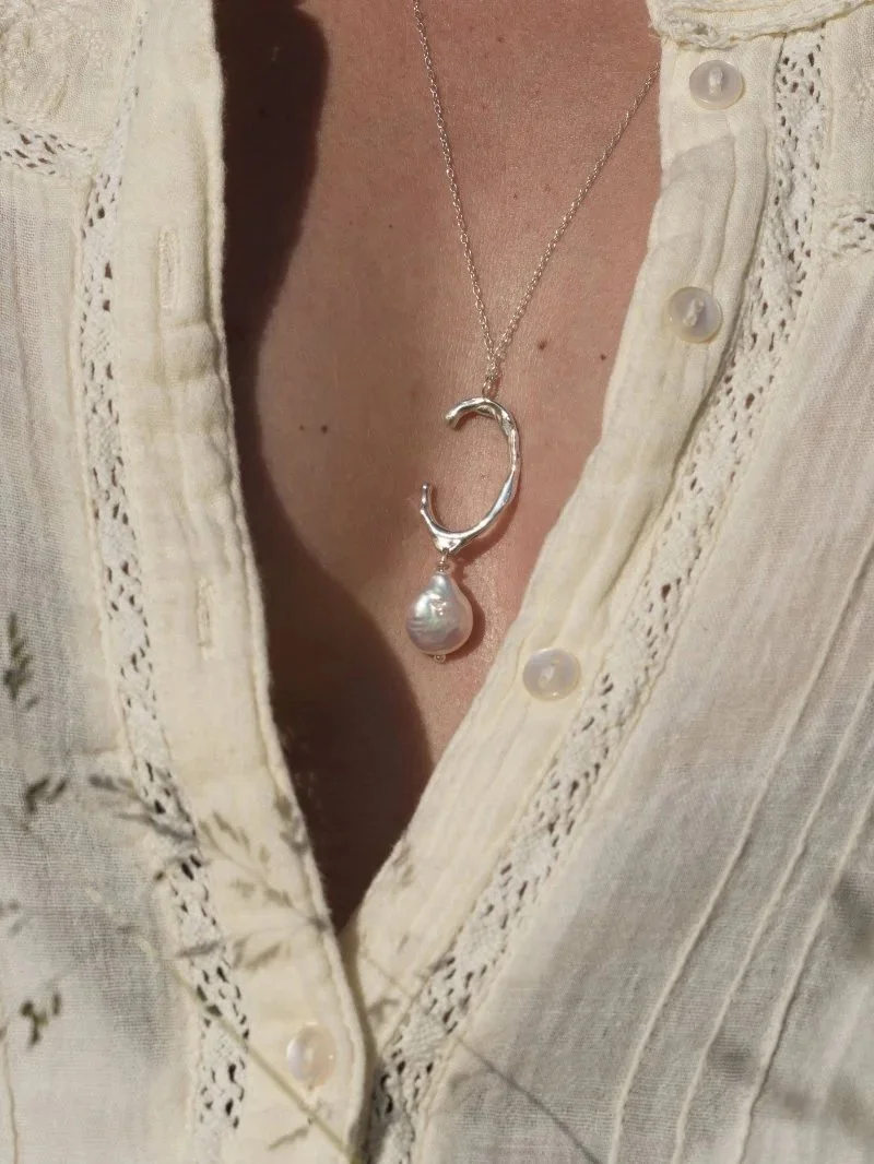 Lustre necklace in recycled sterling silver with real freshwater cultured keshi pearl, organic handmade jewellery necklace with raw, minimalist, wabi-sabi design