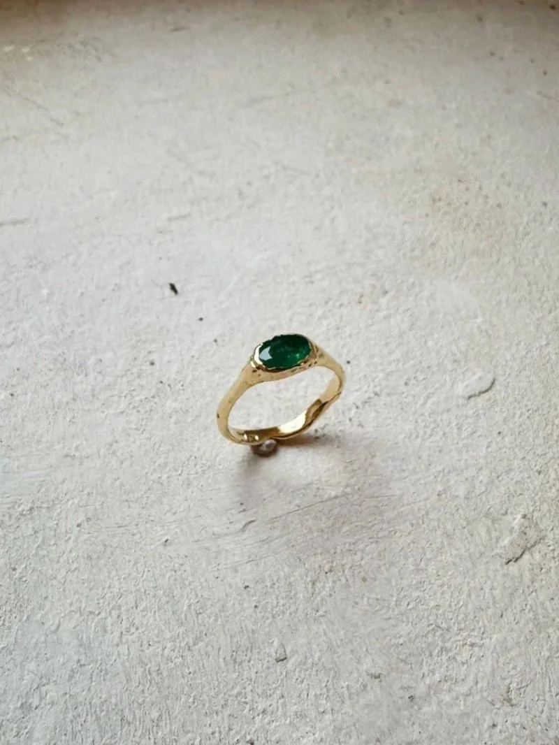 Gold Wabi Sabi ring with natural emerald and raw texture