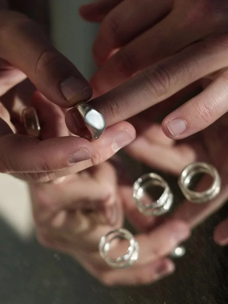 Unique handmade men’s statement ring in recycled sterling silver with organic shape, matte finish and sculptural design
