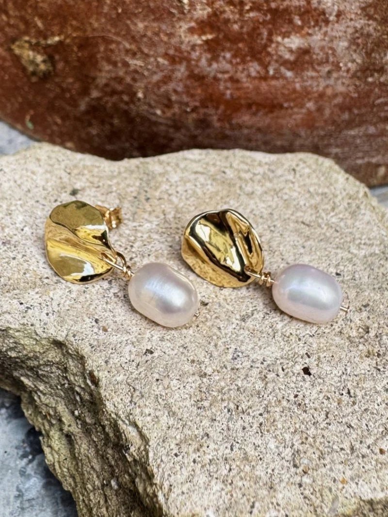 Organic shaped gold earrings with unique pearl pendants, feminine bridal and everyday jewellery