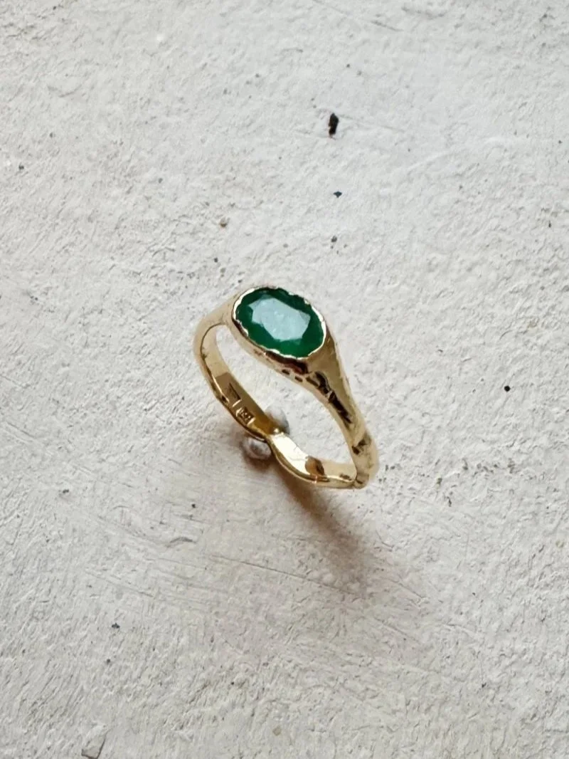 Handmade 14 carat gold Wabi Sabi ring with emerald gemstone