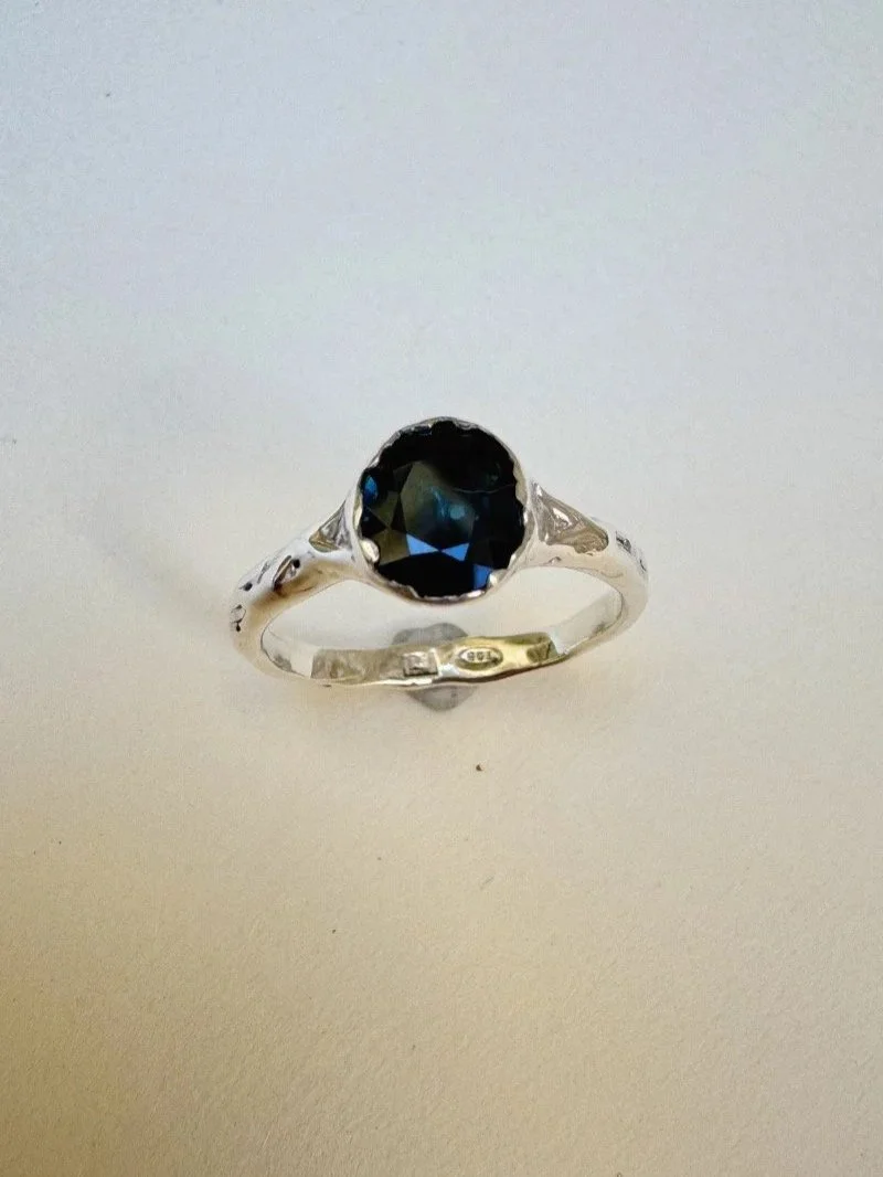 Silver Wabi Sabi ring with natural sapphire and raw texture