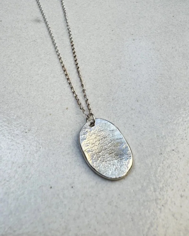 Dog paw print in silver, made into a pendant to wear on a necklace.