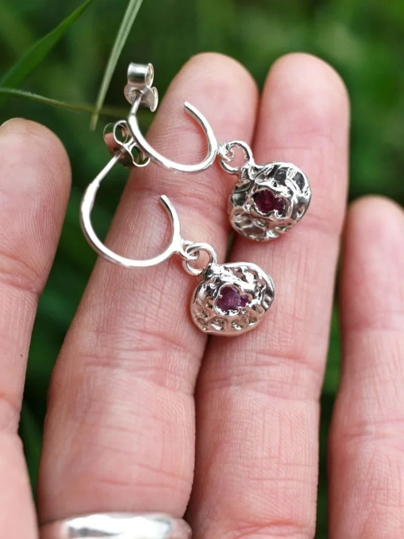 Statement ruby earrings in handmade recycled silver, modern organic jewellery for confident women