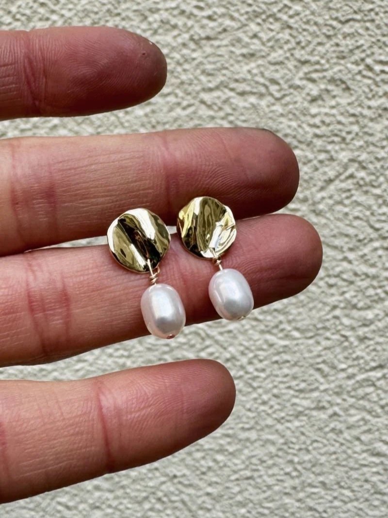 Elegant gold drop earrings with natural white pearls, minimalist handmade jewellery for women