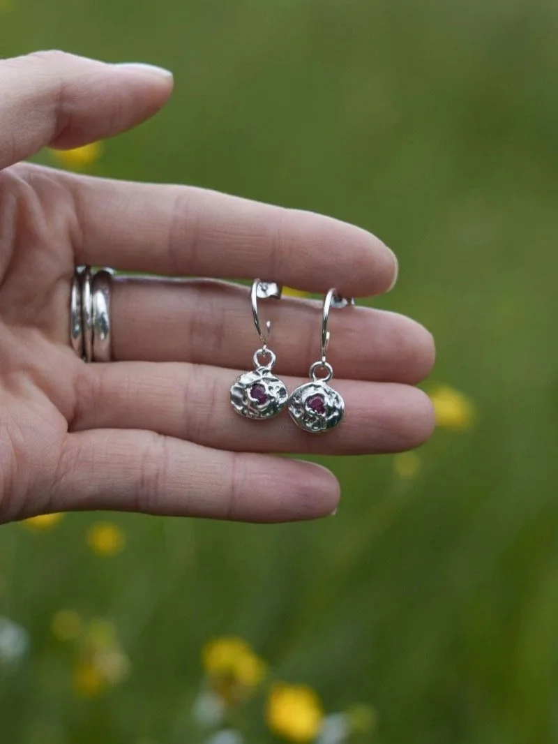 Bold ruby earrings with wabi sabi texture, handcrafted silver jewellery for modern feminine style