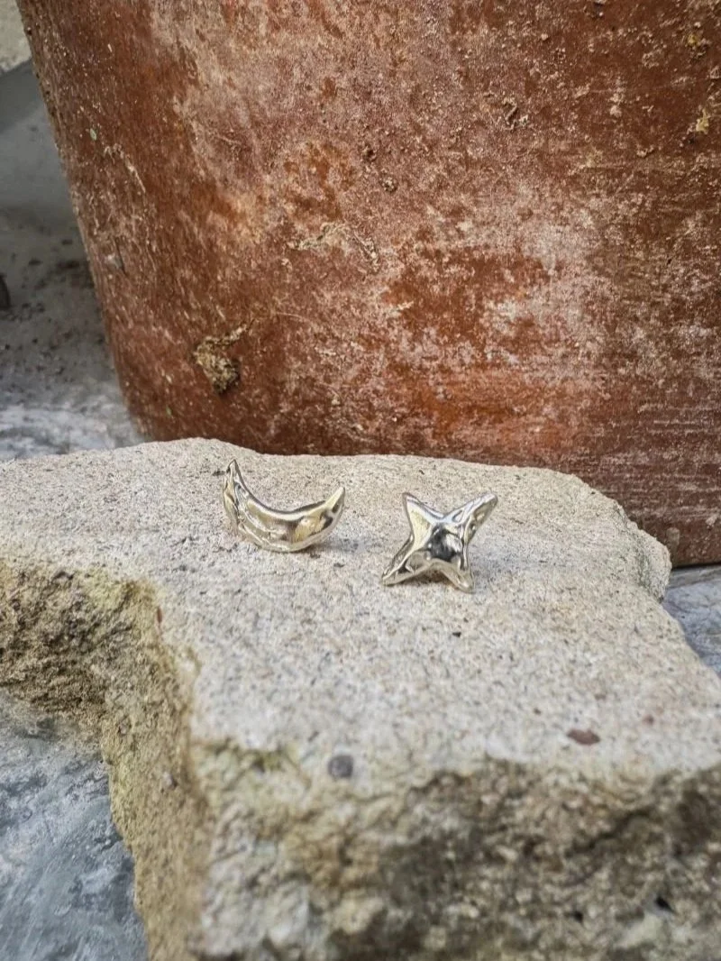 Dainty moon and star earrings in 925 sterling silver, handmade for lovers of celestial jewellery and everyday minimal style.