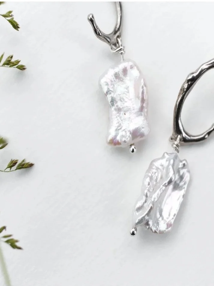 Artisan recycled silver earrings with pearls, minimalist yet bold silver jewellery.
