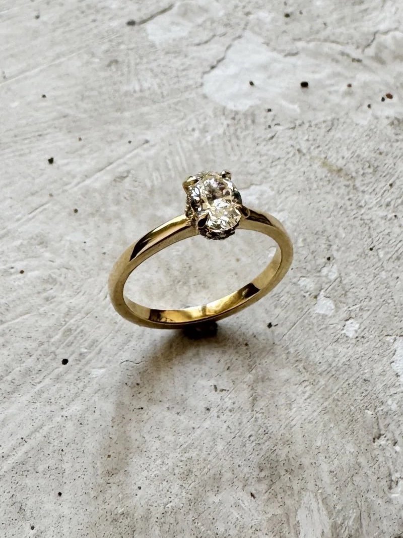 Classic gold engagement ring with a diamond, handcrafted fine jewellery for modern brides