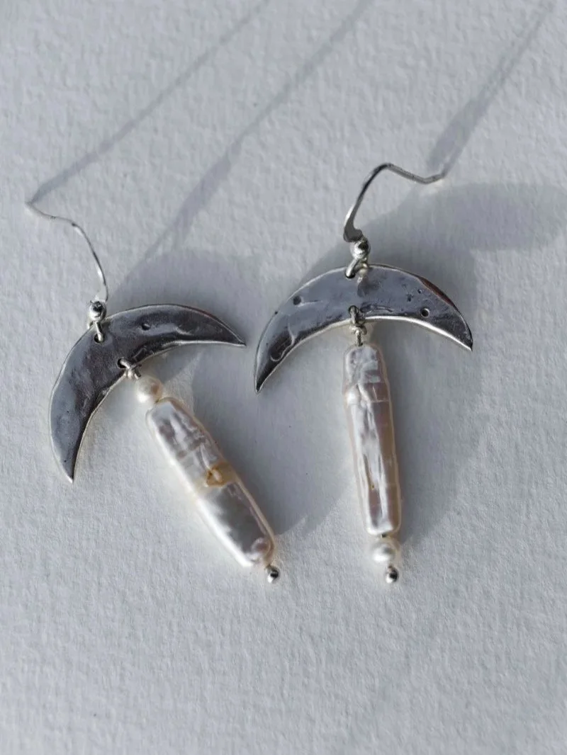 Relic moon earrings in recycled sterling silver with real keshi pearl, handmade organic celestial jewellery.
