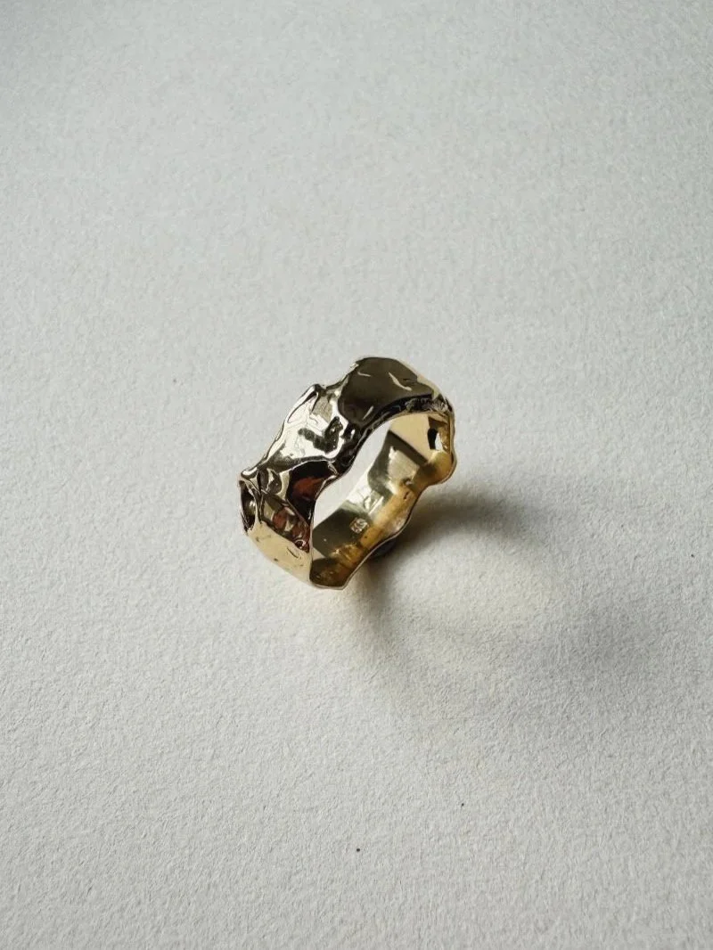 Bold gold wide ring with raw organic wabi sabi design