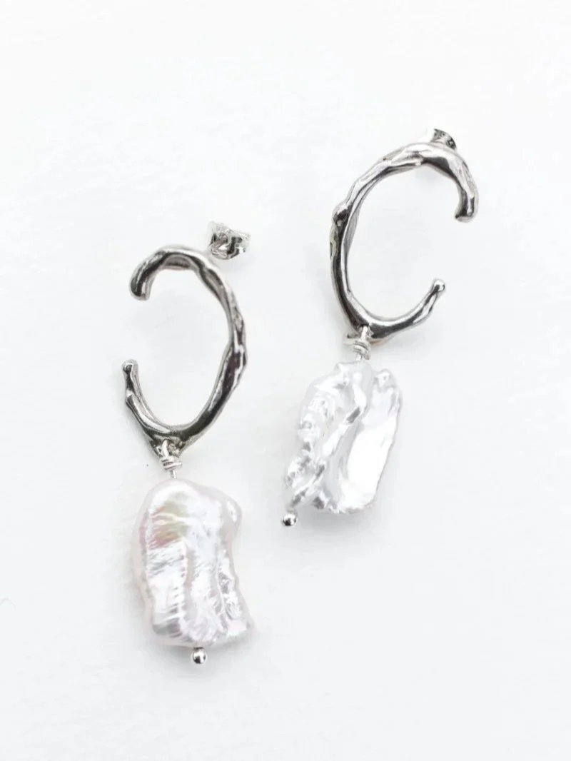 Artisan recycled silver earrings with real freshwater cultured keshi pearls, minimalist yet bold pearl jewellery.