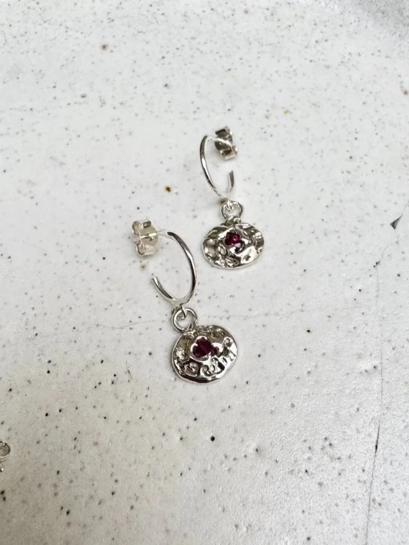 Organic handmade ruby earrings in recycled silver for expressive women who love raw modern jewellery
