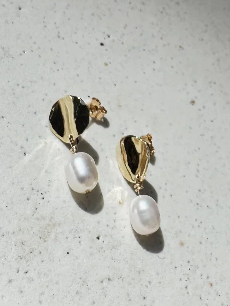 Gold earrings with genuine white pearl drops, elegant artisan jewellery for weddings and everyday wear