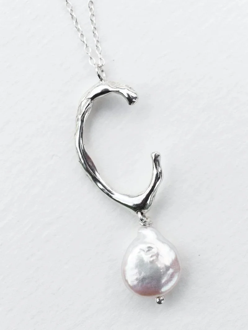 Organic silver necklace with freshwater cultured keshi pearl, artisan handmade necklace in recycled sterling silver, elegant earthy and luminous jewellery