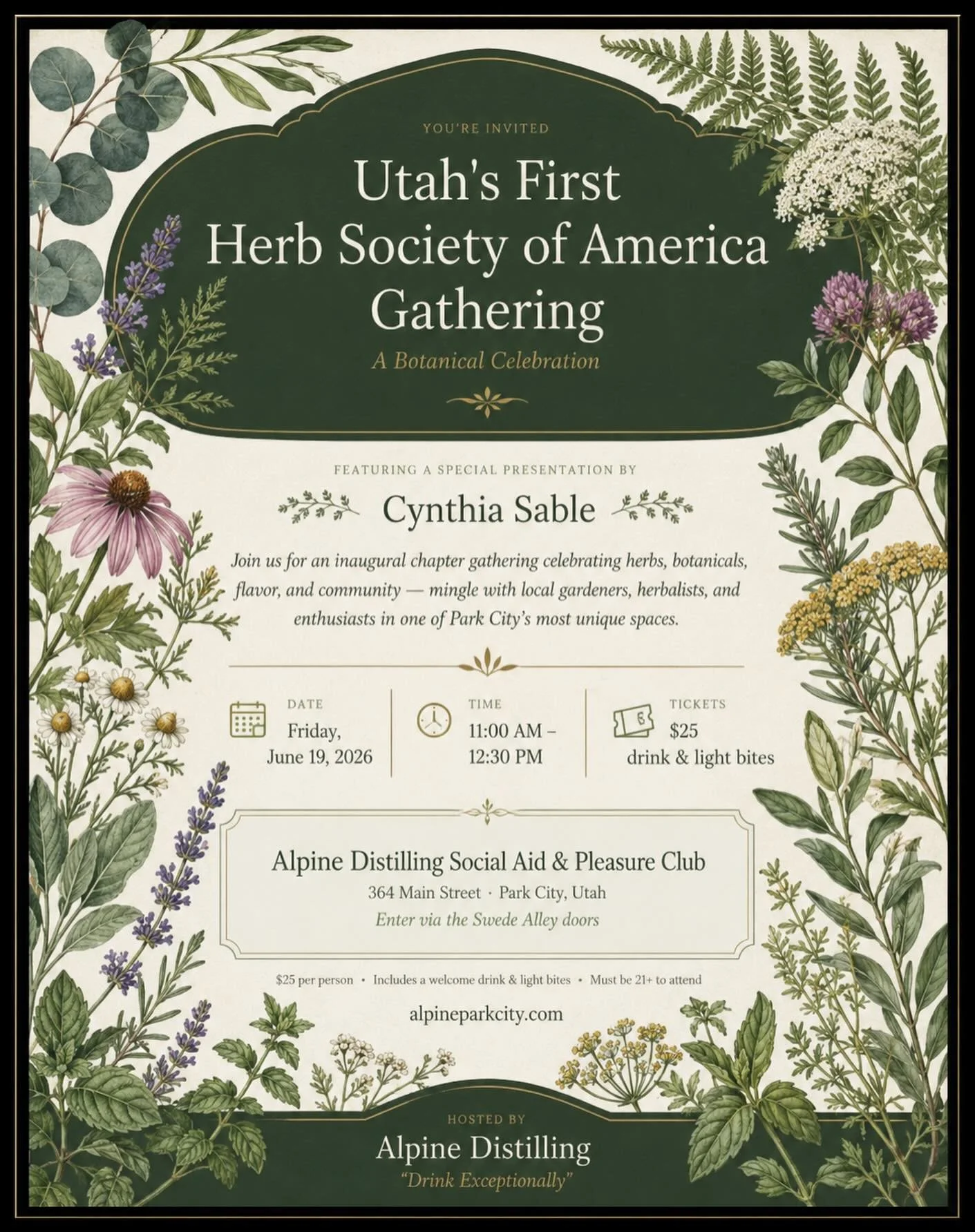 Join us for Utah&rsquo;s first @herbsocietyofamerica meeting that will bring together local gardeners, herbalists, cultivators, and community members united by a passion for botanicals, sustainability, and flavor at the Alpine Distilling Social Club.
