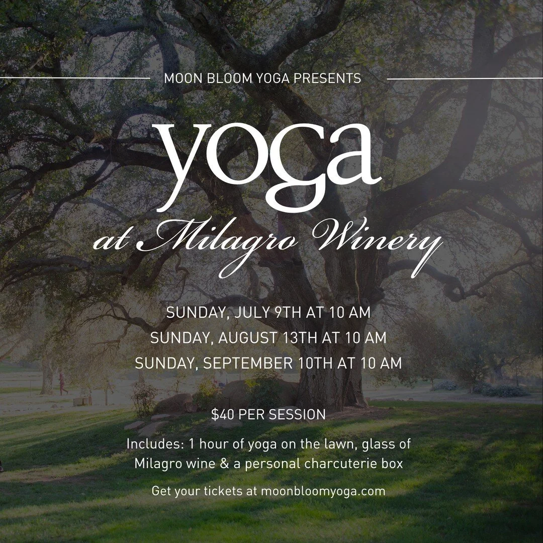 @moon_bloom_yoga will be back THIS SUNDAY for another yoga session at Milagro on Sunday, August 13th at 10 am! 🤍🧘&zwj;♀️ ​​​​​​​​​
Enjoy 1 hour of yoga, accompanied by a glass of Milagro wine &amp; a personal charcuterie box 🍷✨

Purchase your tick